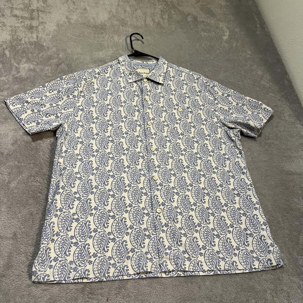 Tommy Bahama Shirt Mens XL Blue Paisley Hawaiian Silk Camp Button Up Casual